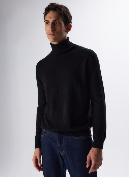 Pull Noir Col Roulé Manches Longues en Cachemire - MAJESTIC FILATURES