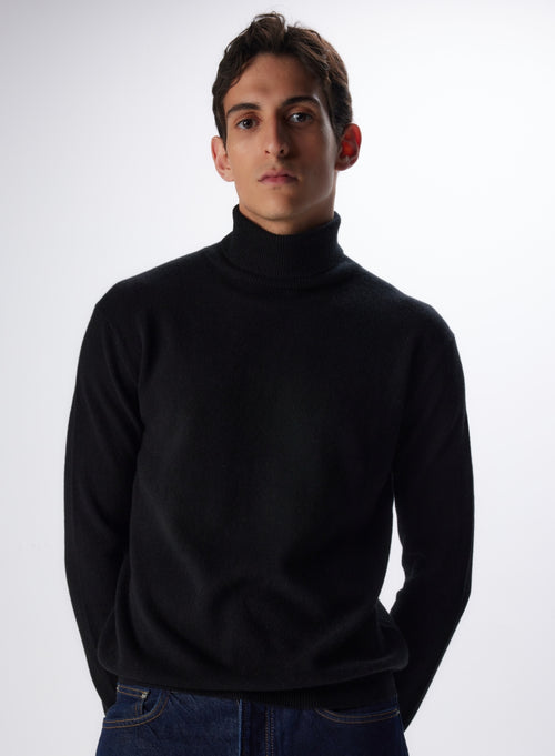 Pull Noir Col Roulé Manches Longues en Cachemire - MAJESTIC FILATURES