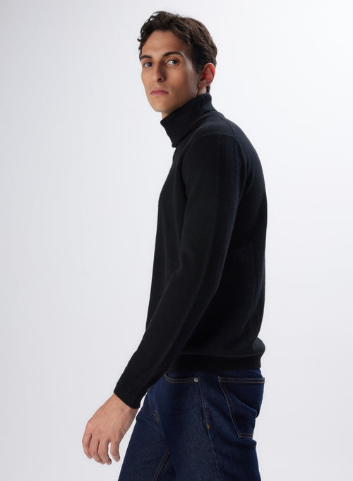 Pull Noir Col Roulé Manches Longues en Cachemire - MAJESTIC FILATURES