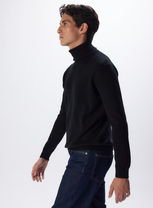 Pull Noir Col Roulé Manches Longues en Cachemire - MAJESTIC FILATURES