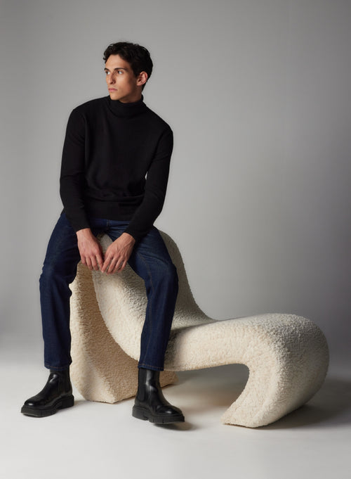 Pull Noir Col Roulé Manches Longues en Cachemire - MAJESTIC FILATURES