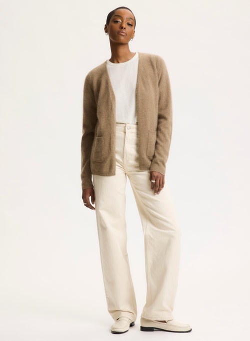Gilet Beige Col V Manches Longues en Raccoon / Polyamide - MAJESTIC FILATURES