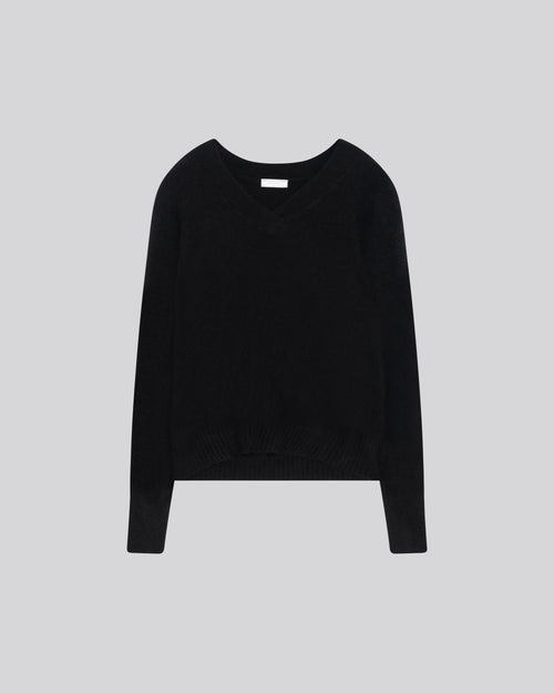 Schwarzer Pullover mit V-Ausschnitt und langen Ärmeln aus Waschbär - MAJESTIC FILATURES