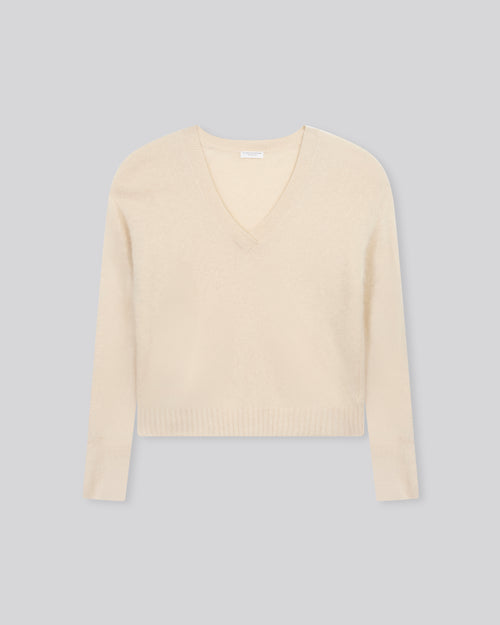 Ecru Pullover mit V-Ausschnitt und langen Ärmeln aus Raccoon-Wolle - MAJESTIC FILATURES