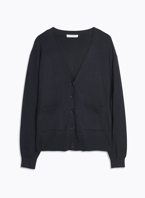 Gilet Marine Col V Manches Longues en Coton organique / Elasthanne - MAJESTIC FILATURES