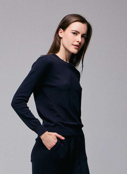 Pull Marine Col Rond Manches Longues en Coton organique / Elasthanne - MAJESTIC FILATURES