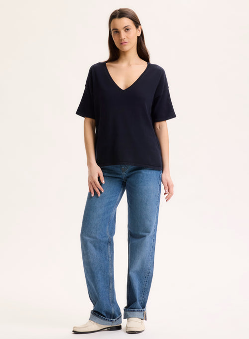Pull Marine Col V Manches Courtes en Coton organique / Elasthanne - MAJESTIC FILATURES