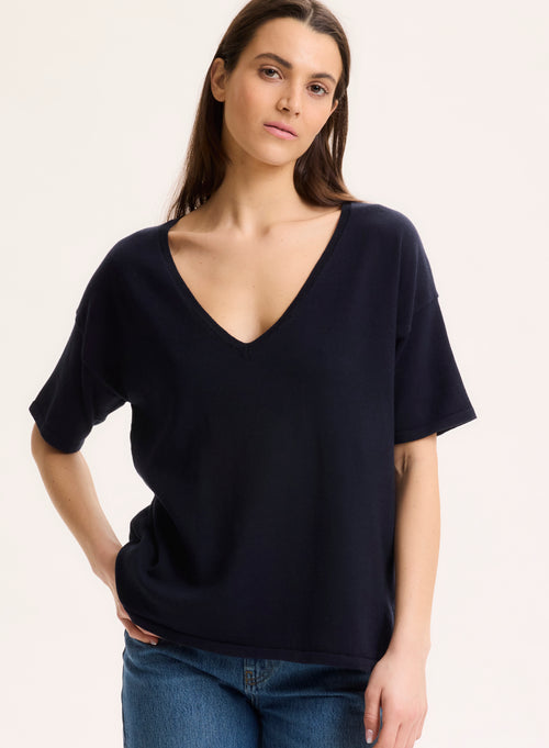Pull Marine Col V Manches Courtes en Coton organique / Elasthanne - MAJESTIC FILATURES
