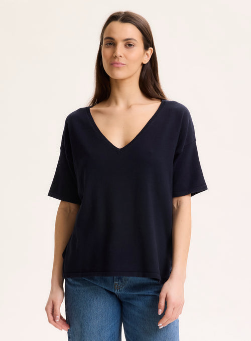 Pull Marine Col V Manches Courtes en Coton organique / Elasthanne - MAJESTIC FILATURES