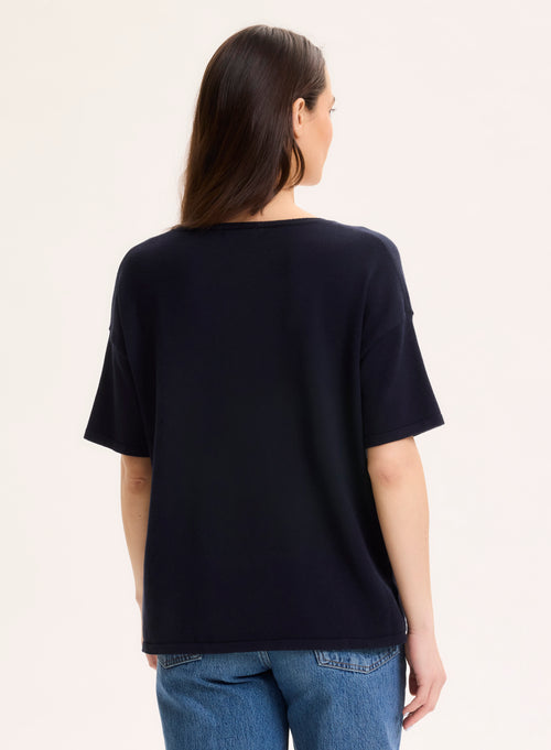 Pull Marine Col V Manches Courtes en Coton organique / Elasthanne - MAJESTIC FILATURES