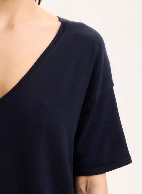 Pull Marine Col V Manches Courtes en Coton organique / Elasthanne - MAJESTIC FILATURES
