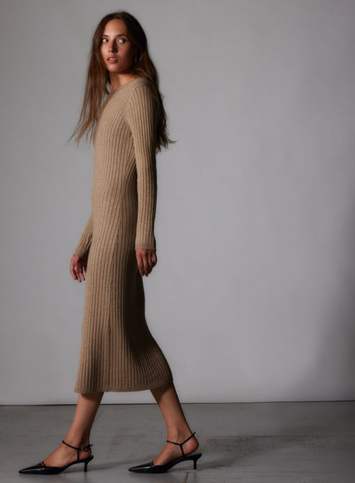 Robe Camel Col Rond Manches Longues en Coton Organique / Viscose / Elasthanne / Fibre Métalisée - MAJESTIC FILATURES