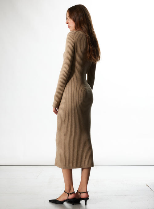 Robe Camel Col Rond Manches Longues en Coton Organique / Viscose / Elasthanne / Fibre Métalisée - MAJESTIC FILATURES