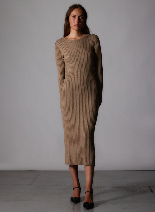 Robe Camel Col Rond Manches Longues en Coton Organique / Viscose / Elasthanne / Fibre Métalisée - MAJESTIC FILATURES