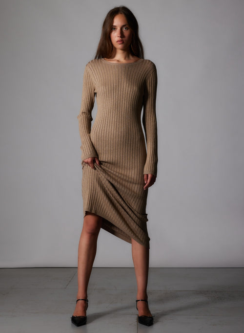 Robe Camel Col Rond Manches Longues en Coton Organique / Viscose / Elasthanne / Fibre Métalisée - MAJESTIC FILATURES