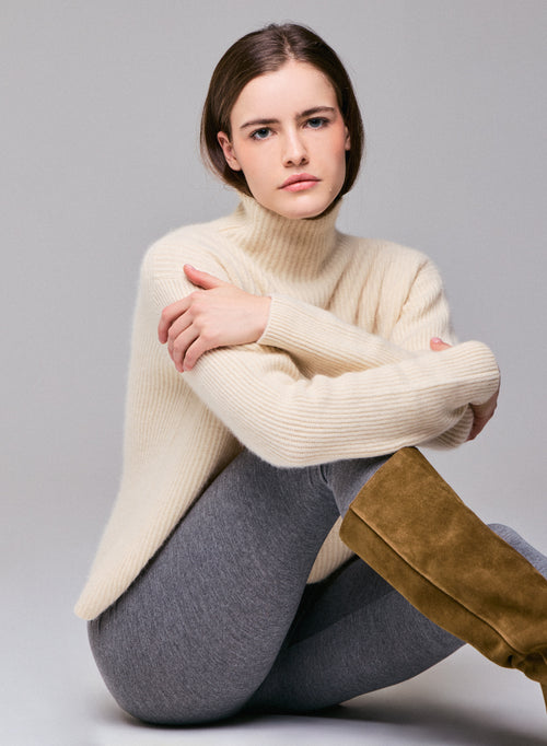Pull Blanc lait Col Roulé Manches Longues en Laine / Fox / Polyamide - MAJESTIC FILATURES