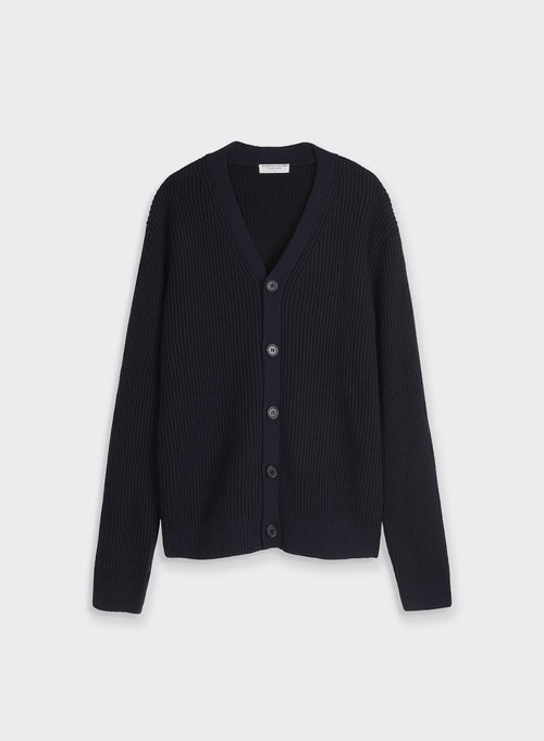 Gilet Marine Col V Manches Longues en Laine / Cachemire - MAJESTIC FILATURES