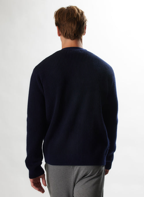Gilet Marine Col V Manches Longues en Laine / Cachemire - MAJESTIC FILATURES