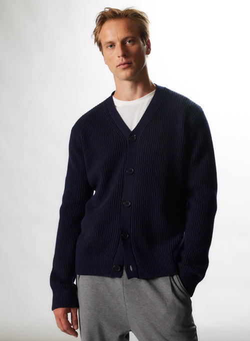 Gilet Marine Col V Manches Longues en Laine / Cachemire - MAJESTIC FILATURES