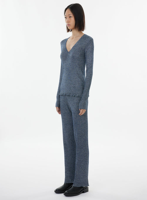 Pull Bleu Manches Longues Col V en Viscose / Fibre irisée - MAJESTIC FILATURES