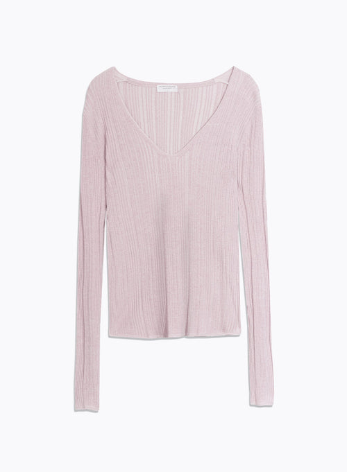 Rosa Langarmpullover mit V-Ausschnitt aus Baumwolle / Viskose / Elasthan / Textilfaser©© - MAJESTIC FILATURES