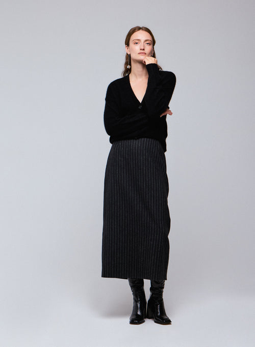 Gilet Noir Col V Manches Longues en Laine / Soie / Cachemire - MAJESTIC FILATURES
