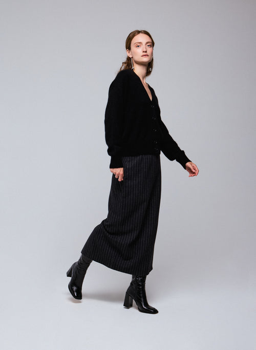 Gilet Noir Col V Manches Longues en Laine / Soie / Cachemire - MAJESTIC FILATURES