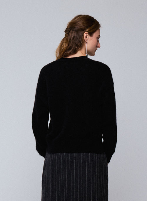 Gilet Noir Col V Manches Longues en Laine / Soie / Cachemire - MAJESTIC FILATURES