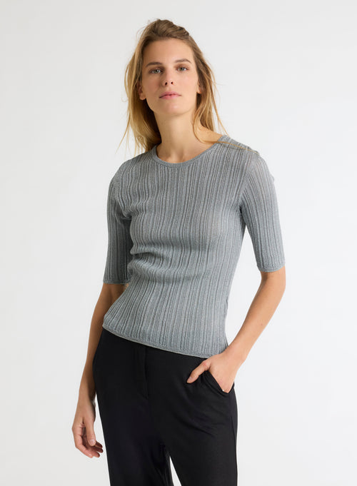 Pull Gris Col Rond Manches Coudes - MAJESTIC FILATURES