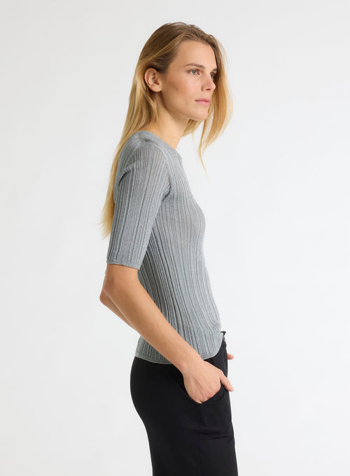 Pull Gris Col Rond Manches Coudes - MAJESTIC FILATURES