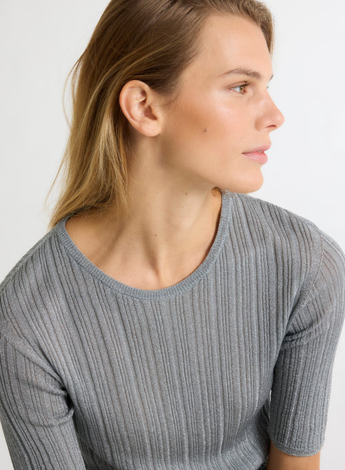 Pull Gris Col Rond Manches Coudes - MAJESTIC FILATURES