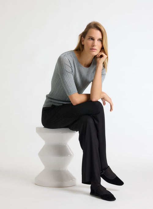 Pull Gris Col Rond Manches Coudes - MAJESTIC FILATURES