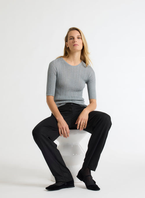 Pull Gris Col Rond Manches Coudes - MAJESTIC FILATURES