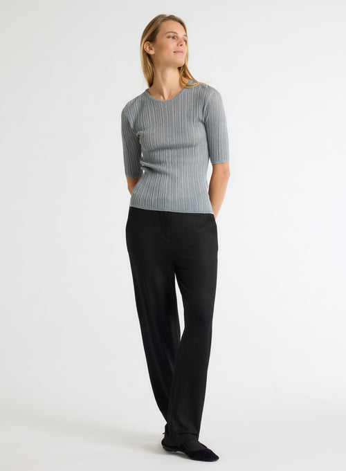 Pull Gris Col Rond Manches Coudes - MAJESTIC FILATURES