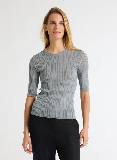 Pull Gris Col Rond Manches Coudes - MAJESTIC FILATURES
