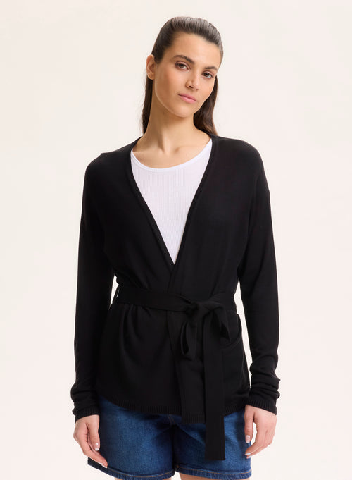 Gilet Noir Col V Manches Longues en Soie / Viscose - MAJESTIC FILATURES
