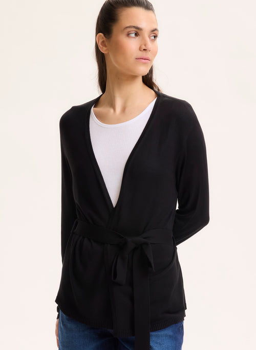 Gilet Noir Col V Manches Longues en Soie / Viscose - MAJESTIC FILATURES