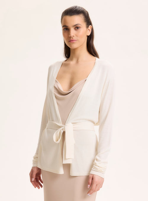 Weiße Strickjacke mit V-Ausschnitt und langen Ärmeln aus Seide / Viskose - MAJESTIC FILATURES