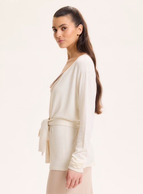 Weiße Strickjacke mit V-Ausschnitt und langen Ärmeln aus Seide / Viskose - MAJESTIC FILATURES
