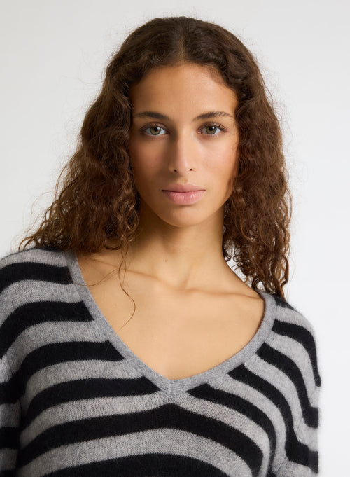 Pull Gris Col V Manches Longues en Raccoon / Polyamide - MAJESTIC FILATURES
