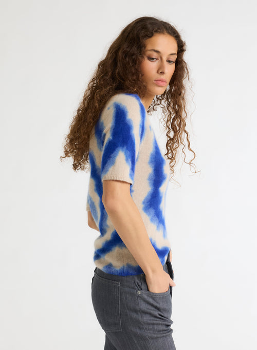 T-shirt Bleu Col V Manches Courtes en Raccoon / Polyamide - MAJESTIC FILATURES