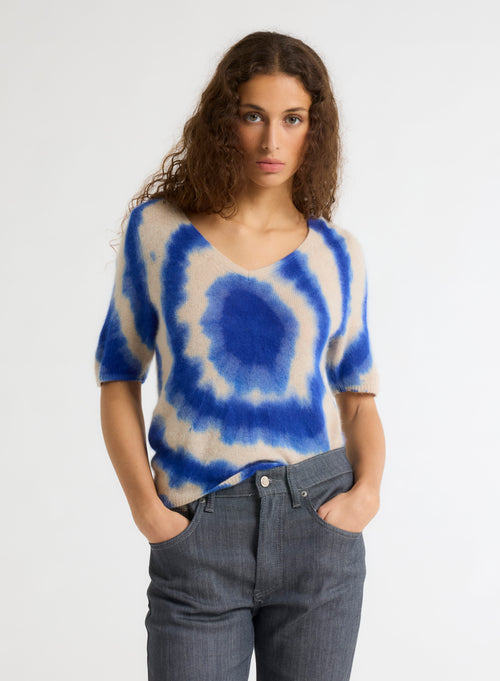 T-shirt Bleu Col V Manches Courtes en Raccoon / Polyamide - MAJESTIC FILATURES