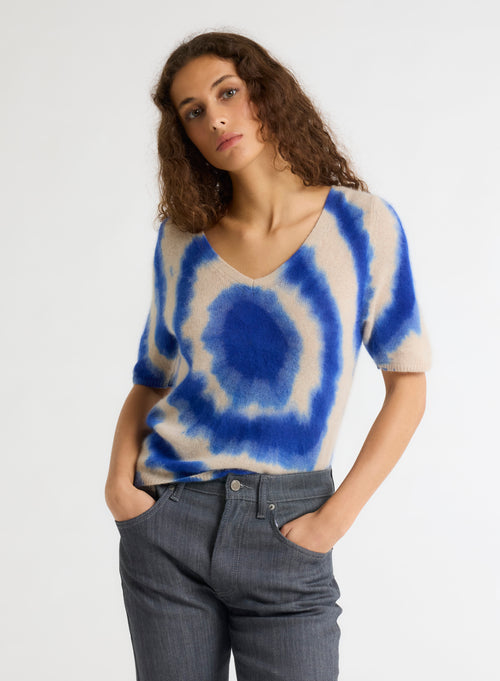 T-shirt Bleu Col V Manches Courtes en Raccoon / Polyamide - MAJESTIC FILATURES