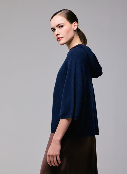 Pull Marine Capuche Manches Longues en Cachemire - MAJESTIC FILATURES