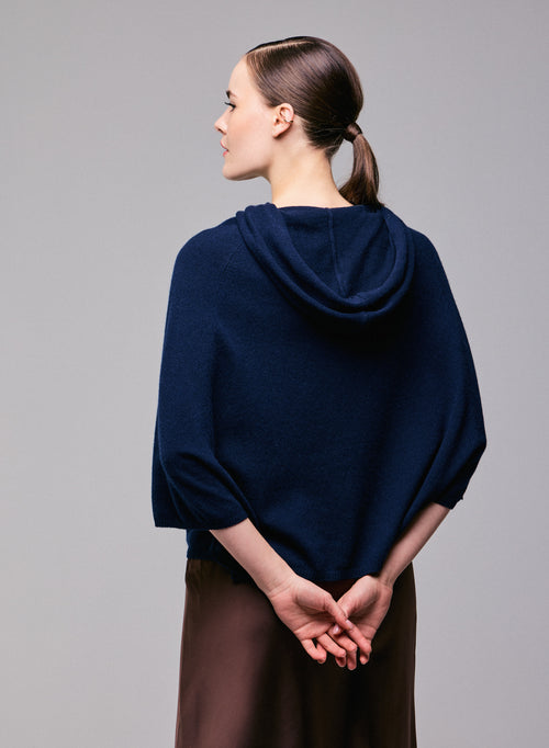 Pull Marine Capuche Manches Longues en Cachemire - MAJESTIC FILATURES