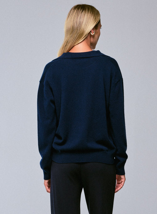 Pull Marine Col Polo Manches Longues en Cachemire - MAJESTIC FILATURES