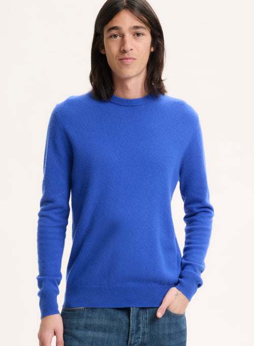 Pull Bleu Col Rond Manches Longues en Cachemire - MAJESTIC FILATURES