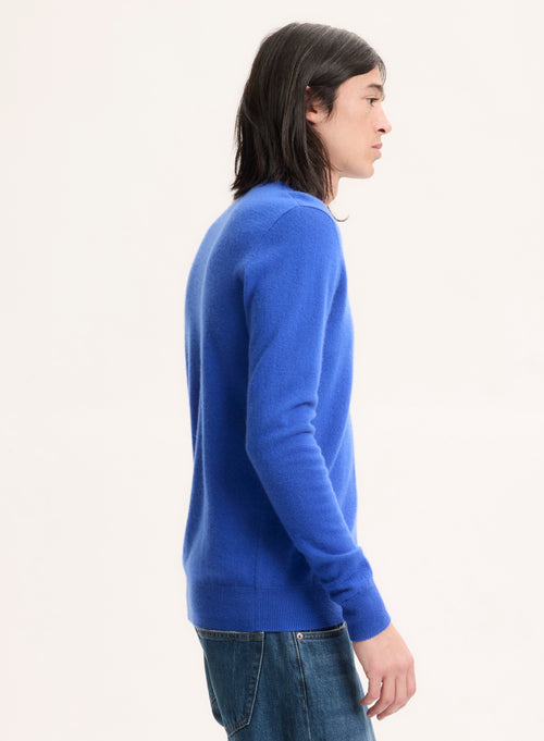 Pull Bleu Col Rond Manches Longues en Cachemire - MAJESTIC FILATURES