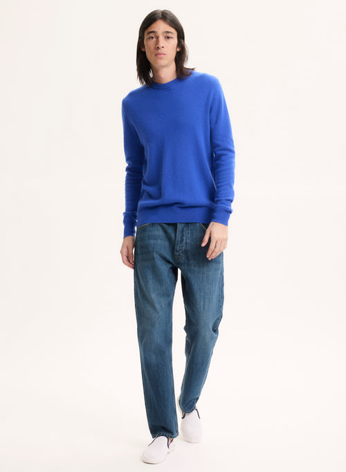 Pull Bleu Col Rond Manches Longues en Cachemire - MAJESTIC FILATURES