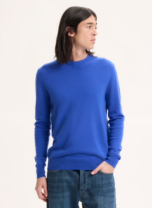Pull Bleu Col Rond Manches Longues en Cachemire - MAJESTIC FILATURES